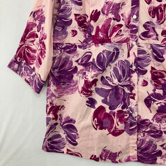 Basic Editions size 3X Pink Purple Floral 3/4 Sleeve Baby Doll Button Up Preppy - Picture 4 of 9